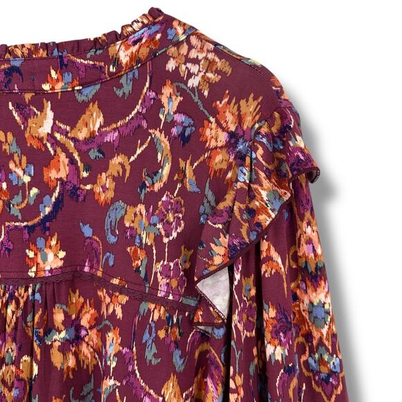 New Democracy Ruffle Collar Floral Print Knit Shirt Plus Size 3X Berry Purple - Picture 9 of 11